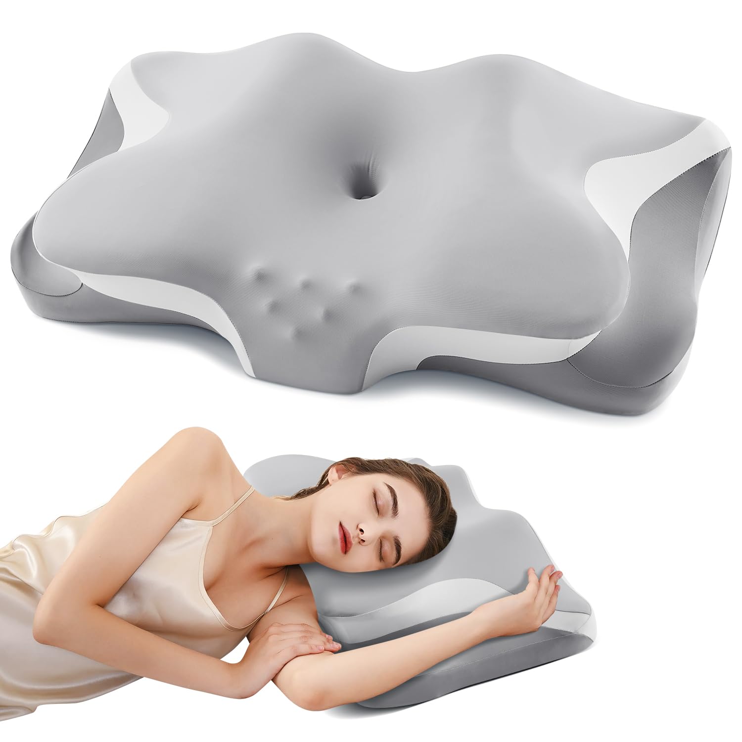 Cervical Neck Pillow for Pain Relief, Cooling Ergonomic Memory Foam Pillows for Sleeping with Breathable Pillowcase, Contour Deep Sleep Neck Support Pillow for Side Back Stomach Sleepers-Light Grey