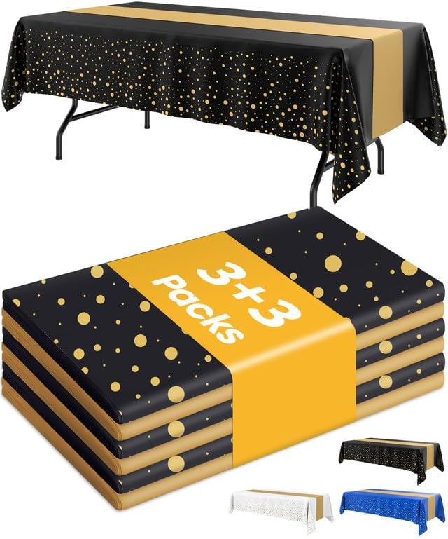 Niuara Table Cloth Set - Black and Gold Disposable Rectangle Table Cover & Runner - 3+3 Pack for Events