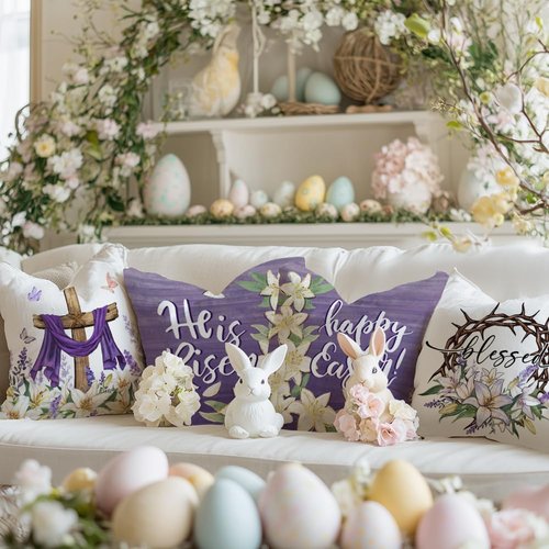 GEEORY Happy Easter He is Risen Throw Pillow Covers 18x18 Inch Set of 4, Cross Flower Wreath Blessed Spring Decorative Farmhouse Holiday Cushion Case for Home Decoration (Purple) G680-18