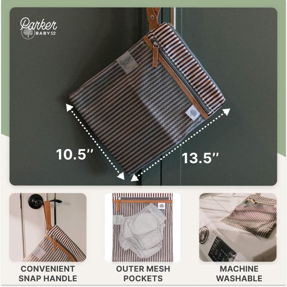 Parker Baby Cloth Diaper Wet Dry Bag - Waterproof Reusable Diaper Bag with Mesh Organizer & Zip Pocket