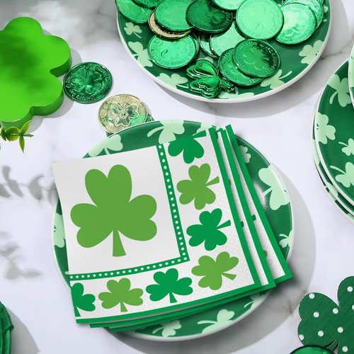 White/Green Lucky Shamrocks Beverage Napkins - 5" x 5" (Pack Of 16) - Durable & Stylish Party Napkins - Perfect For St. Patrick's Day & Themed Celebrations