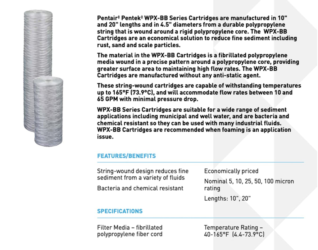 Pentek - 355226-43 WPX100BB20P String-Wound Polypropylene Filter Cartridge, 20" x 4.5", 100 Microns