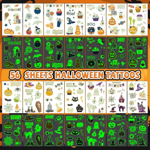 EMOME Glow in the Dark Halloween Temporary Tattoos for Kids, 56 Sheets