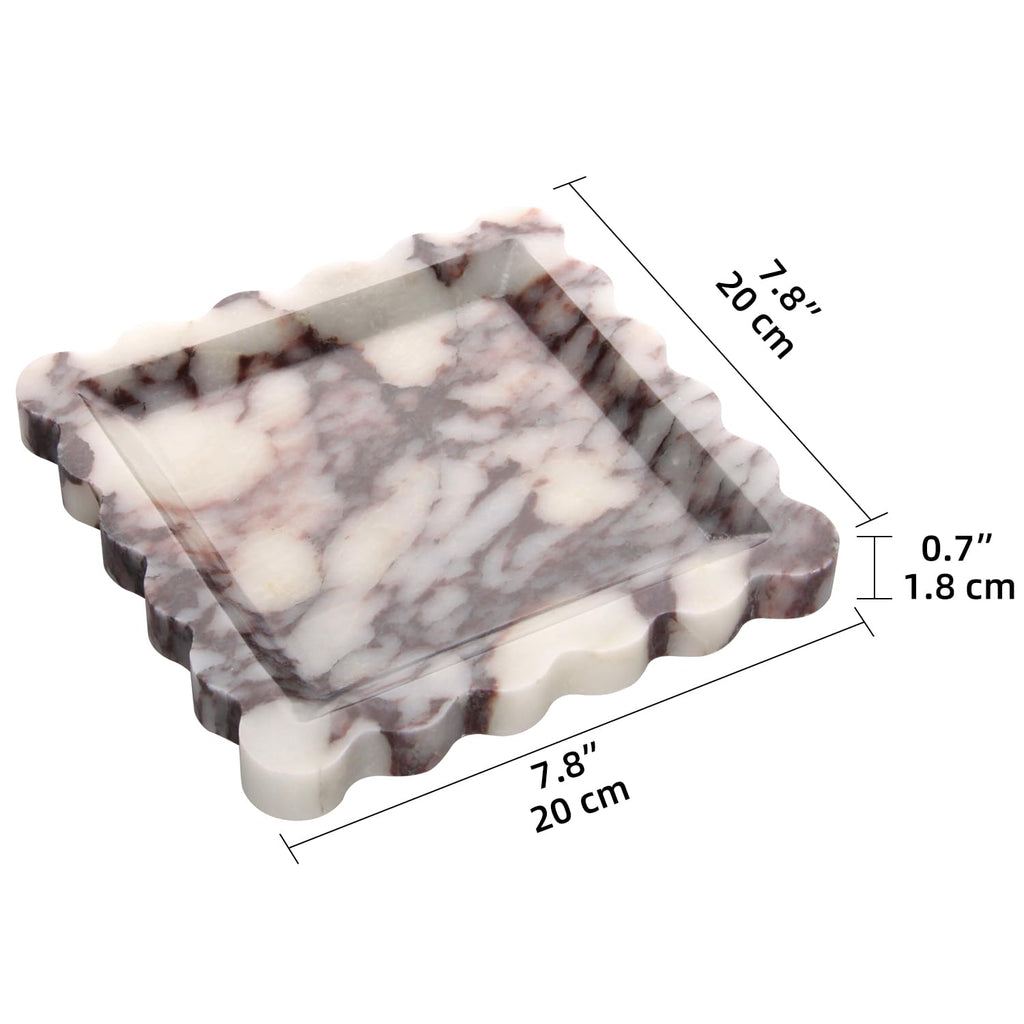 Square Marble Decorative Tray with Scalloped Edge,Luxury Natural Calcutta Stone Bathroom Vanity Tray, Dresser Top Perfume Coffee Home Sink Tray, Key Trinket Ring (Turkey Calacatta Viola, 8 * 8)