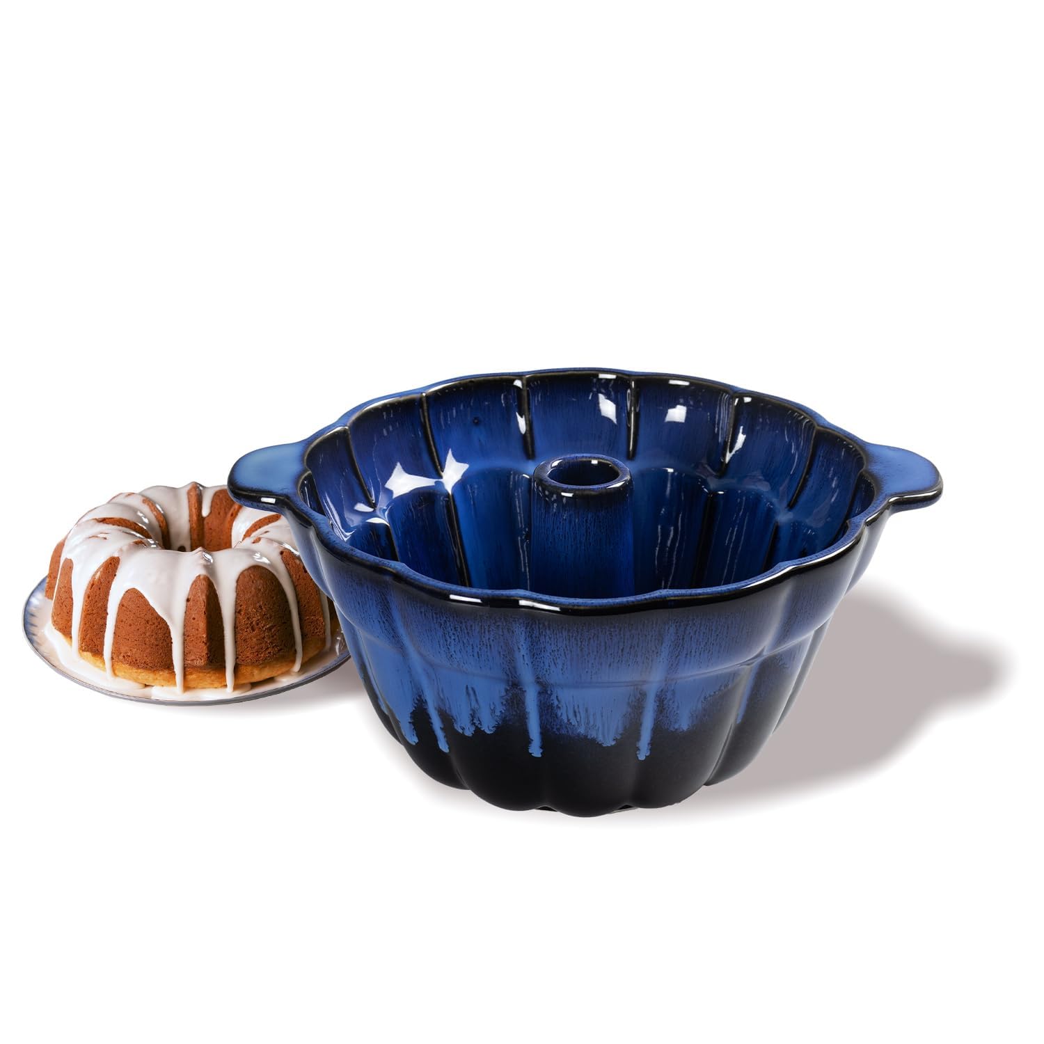 Emeril Lagasse Fluted Cake Pan Stoneware 9.5 in – Pound Cake Baking Pan, Perfect for Baking Delicious Cakes! (Dark Blue)