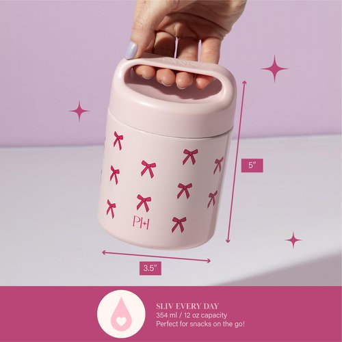Paris Hilton Stainless Steel Food Jar, Double Wall Vacuum Sealed Insulated Food Storage Container with Carry Handle Lid, 12-Ounce, Pink with Bow Design