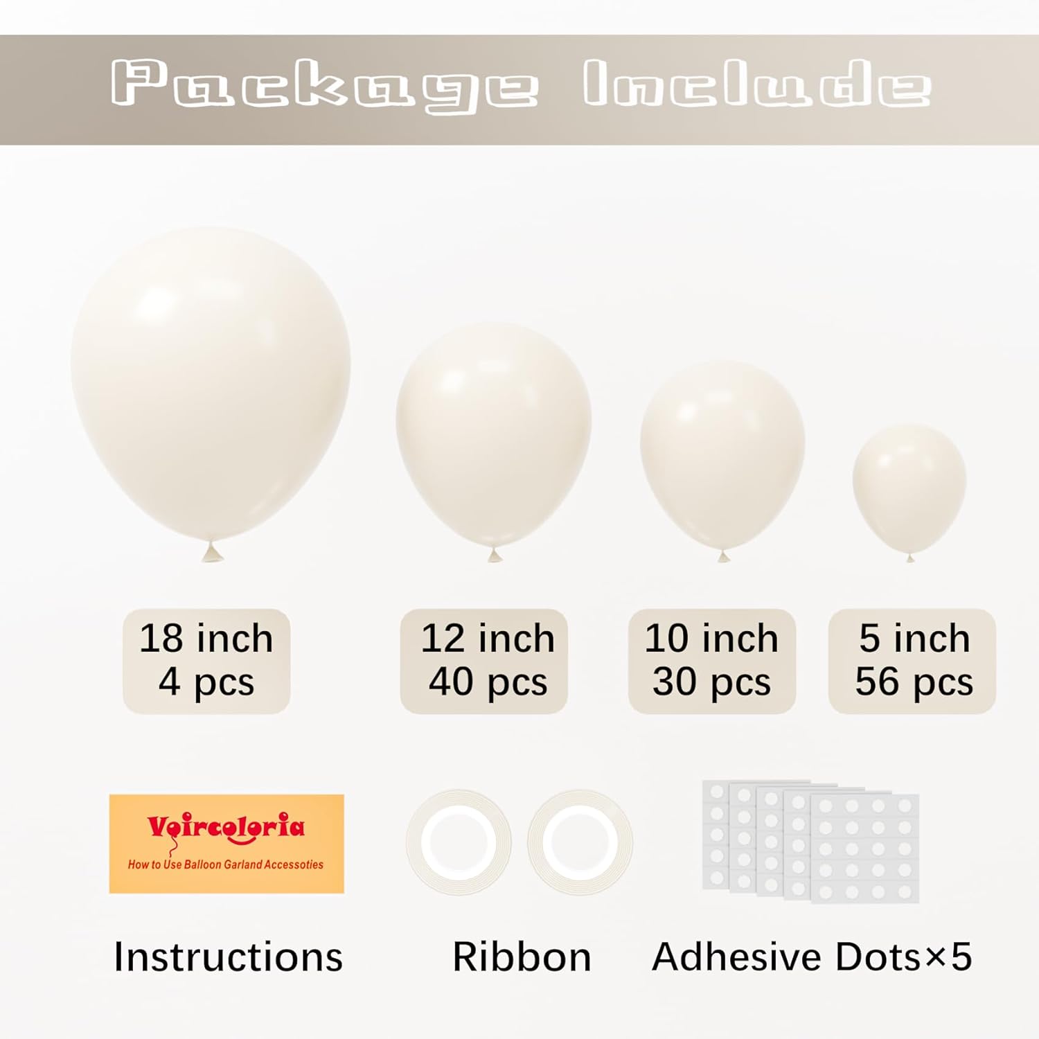 Voircoloria White Sand Balloons - 130pcs Assorted Sizes (5" to 18") for Birthday & Wedding Decor