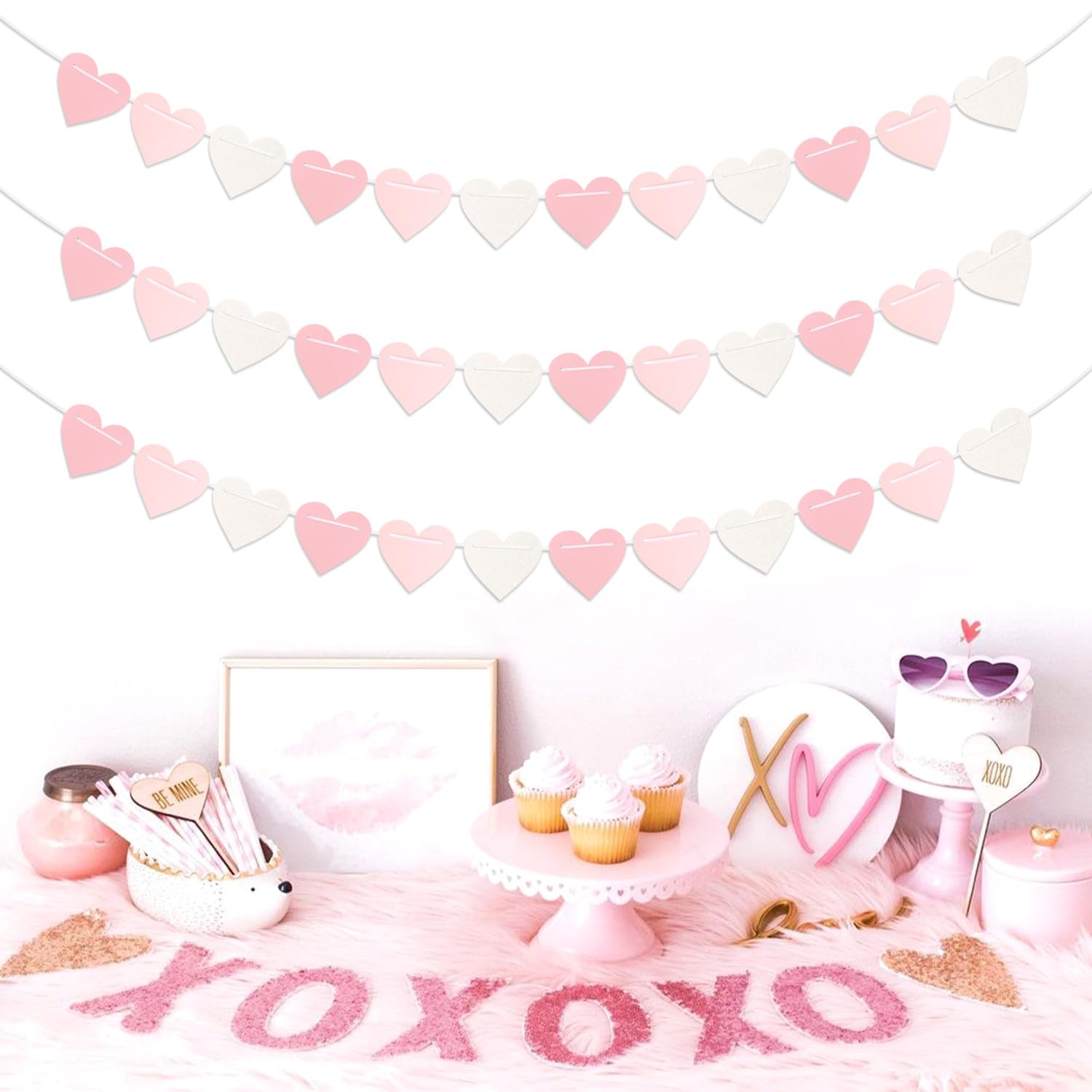 Pink-White Girls Birthday Party-Decorations Streamers-Garland - 40Ft Heart Galentines Hanging Paper Banner,Valentines Baby Bridal Shower Bachelorette Anniversary Mothers Day Supplies Decor Ouruola
