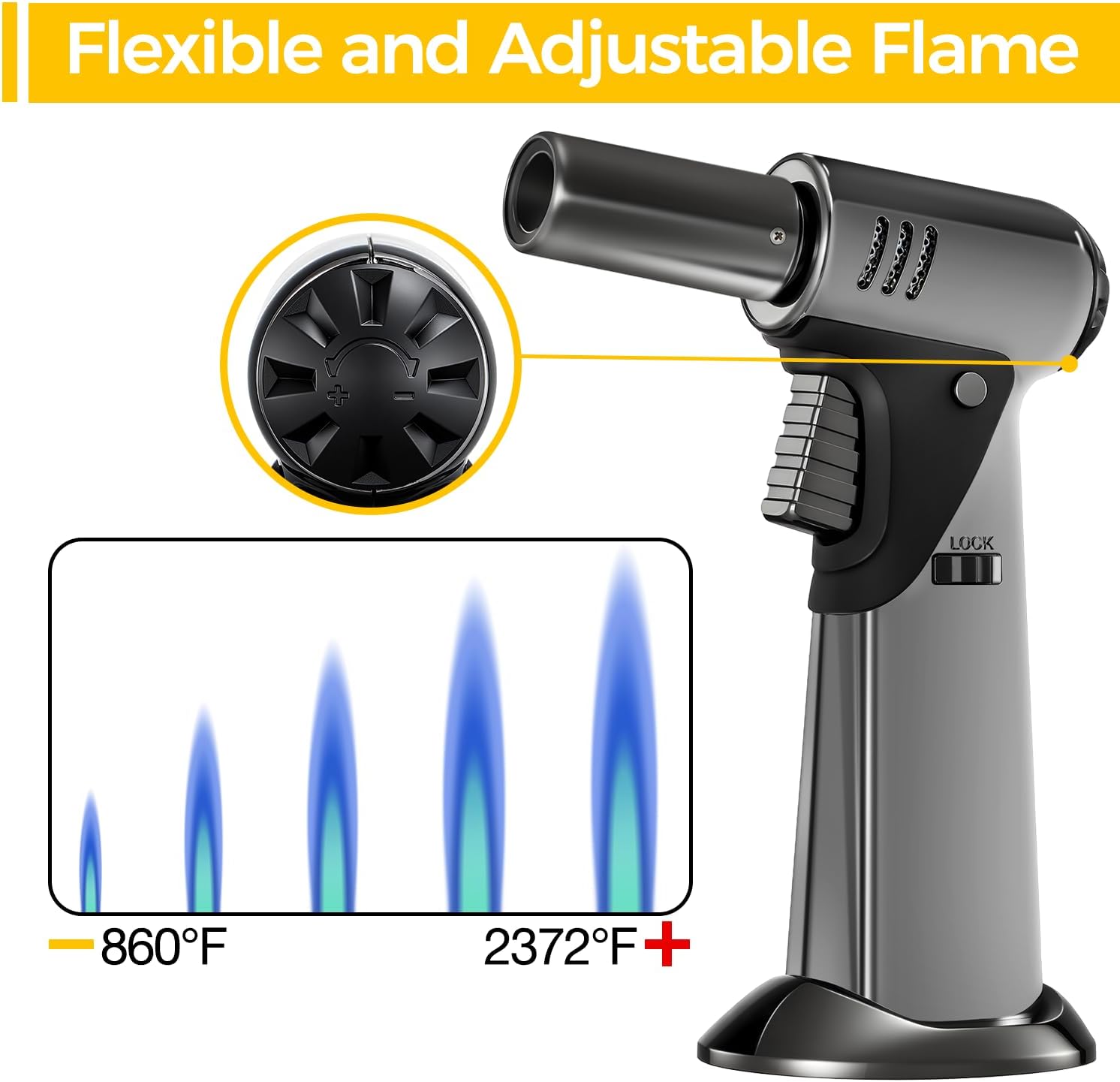 Skiennix Butane Torch - Adjustable Flame Kitchen Torch with Safety Lock for Baking & BBQ | Refillable Design