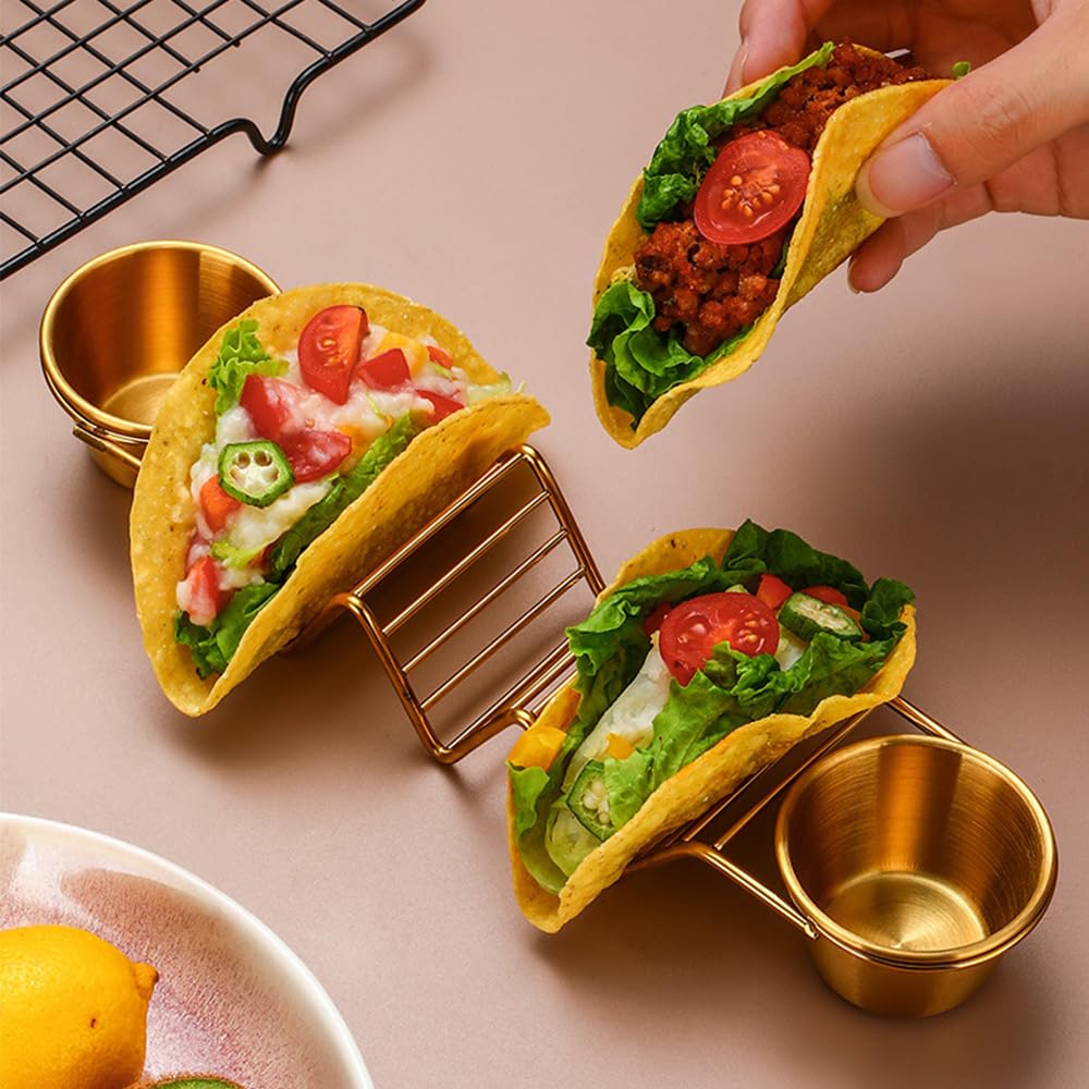 Digead Taco Holder Stand - Holds 3 Tacos with 2 Sauce Cups & Gold Spoon - Premium 304 Stainless Steel Gold-Plated - Heat Resistant & Oven/Dishwasher/Grill Safe