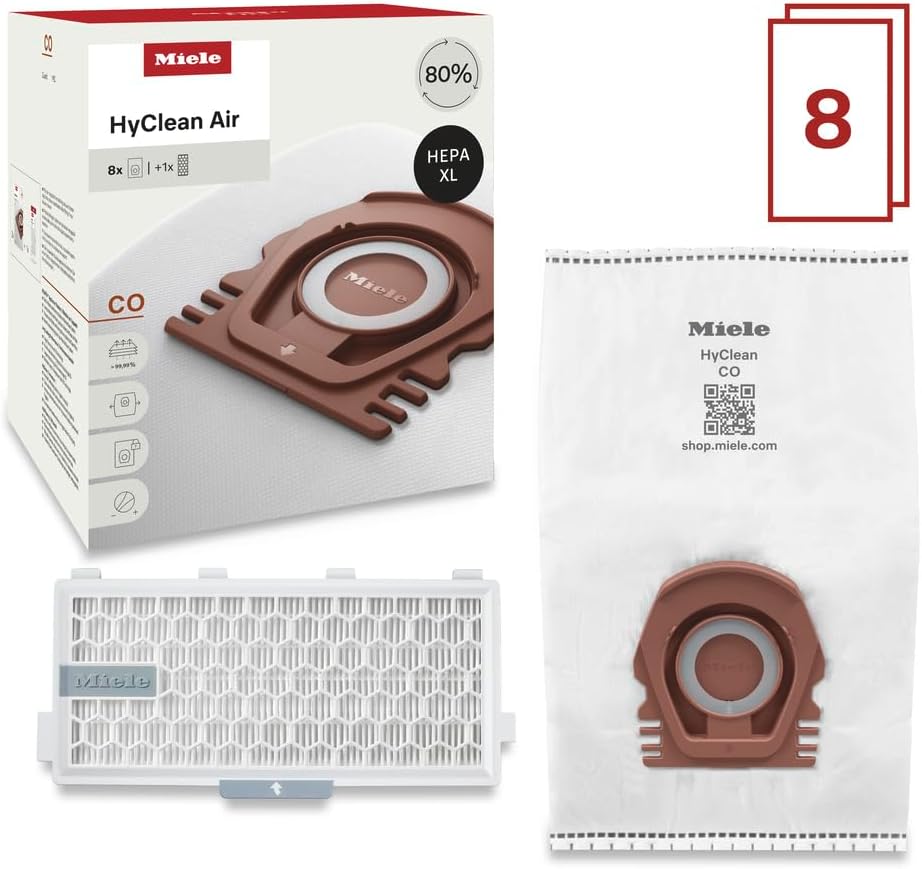 Miele HyClean Air CO Vacuum Cleaner Bags - XL Pack of 8 with 2 AirClean Filters for M1 Models