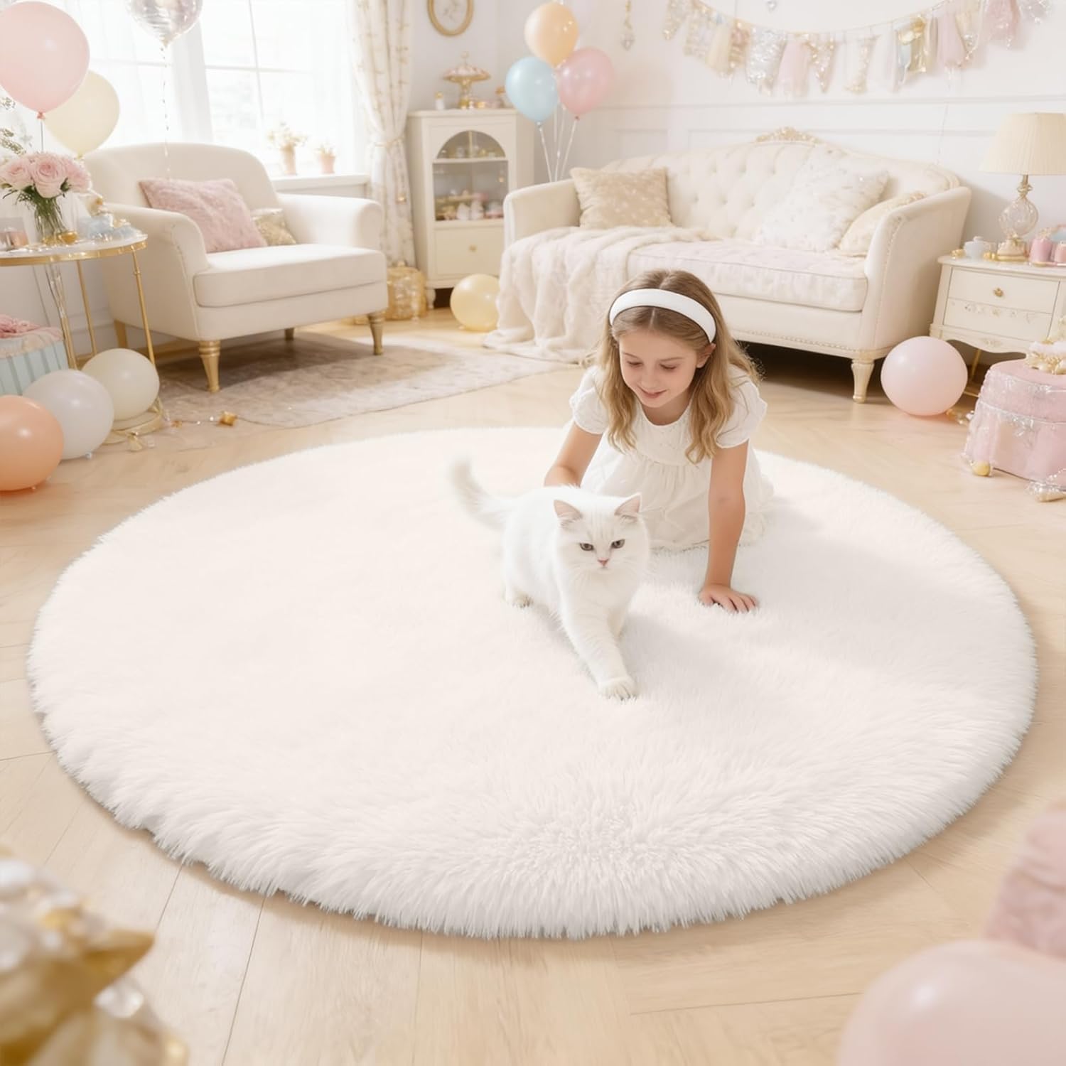 OLANLY Ivory Round Rug - Soft & Fluffy Machine Washable 4 ft Circle Area Rug for Bedroom & Living Room Decor