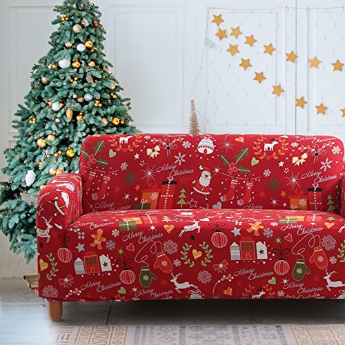 Christmas Sofa Cover Santa Claus Elastic 3 Seater Couch Protector - Red