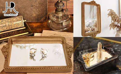 Hanna Roberts Vintage Gold Tray - Elegant Mirror Glass Base | Stylish Card Holder & Organizer (Gold)