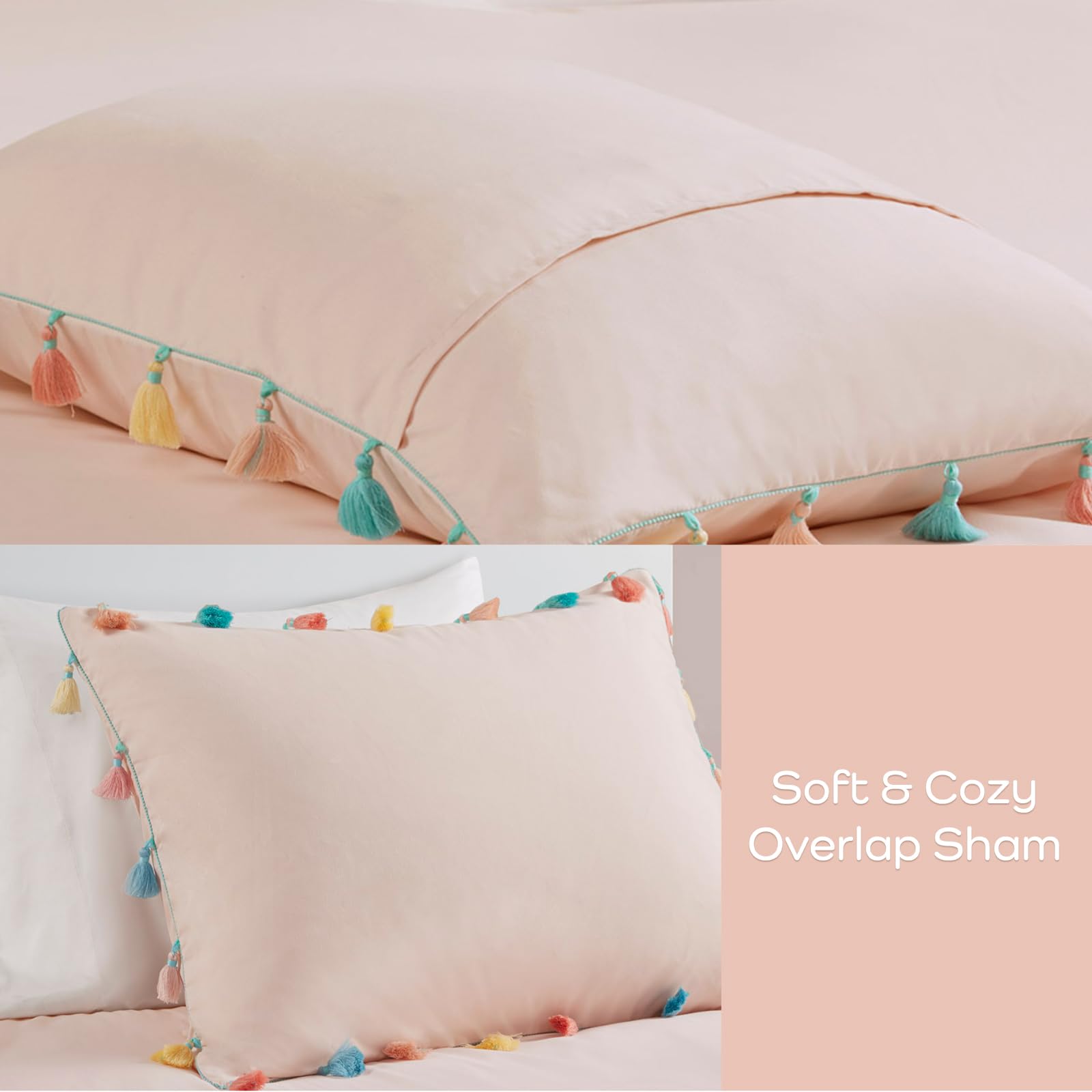 Intelligent Design Kids Queen Comforter Set for Girls, Pink, Tessa Adorable Teen Bedding Sets for Girls, Fun Colorful Pom Pom Tassel, Sham, Boho Heart Throw Pillow, Full/Queen, Blush 4 Piece