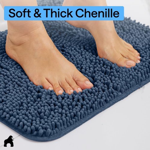 GORILLA GRIP Bath Rug Mat - Soft Absorbent Chenille | Quick-Dry Microfiber, 48x17, Navy