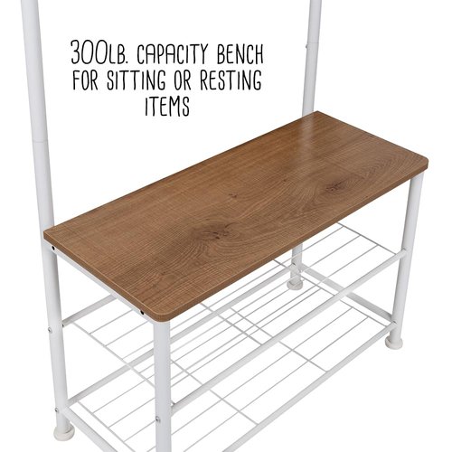 Honey-Can-Do Entryway Hall Tree with Bench and Shoe Storage, White/Walnut SHF-09603 White, 300 lbs