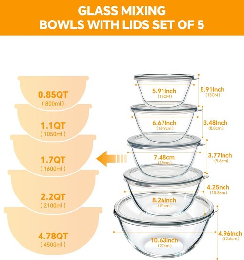 Glass Mixing Bowls Set by [Brand Name] - 5-Piece Thick Glass Nesting Bowls with Lids | Safe for Dishwasher, Microwave & Freezer