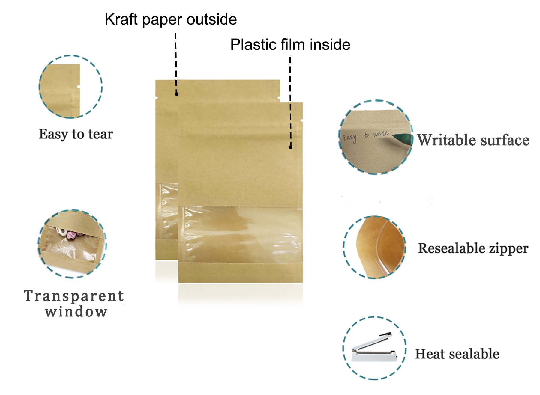 PABCK 1000 Pack 2.7x3.5 inch (Inner Size 2.36x2.36 inch) Clear Window Brown Kraft Paper for Zip Seed Packets Lock Food Storage Bags Zipper Lock Seeds Envelopes Resealable Heat Seal Pouch Coffee Packet