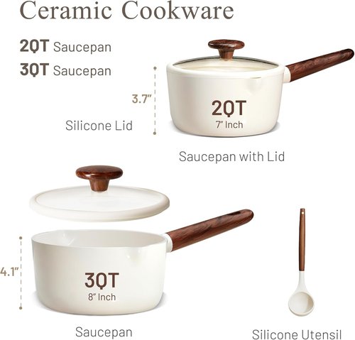 CAROTE Nonstick Saucepan Set - 2QT & 3QT Ceramic Pots with Lid & Ladle | Easy to Clean, Induction Compatible, PFAS Free, White