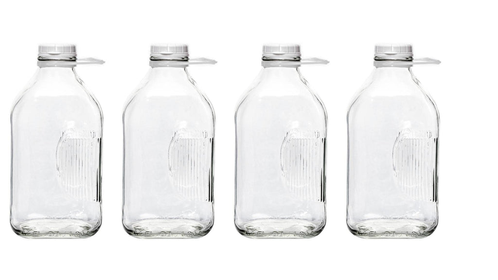 The Dairy Shoppe Glass Milk Bottle, Heavy Glass with 48 mm Extra Lid, Creamery Style (64 oz/4 pk, Half Gallon)