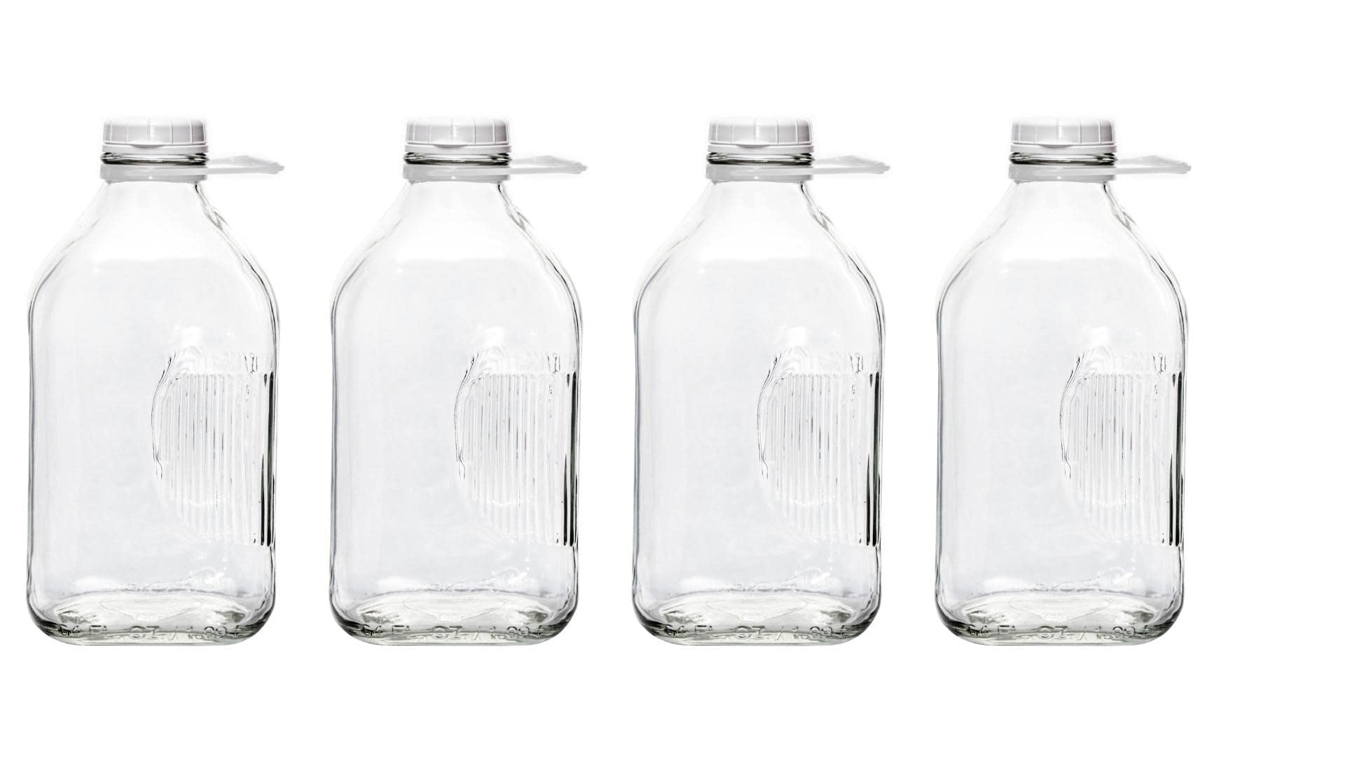 The Dairy Shoppe Glass Milk Bottle, Heavy Glass with 48 mm Extra Lid, Creamery Style (64 oz/4 pk, Half Gallon)