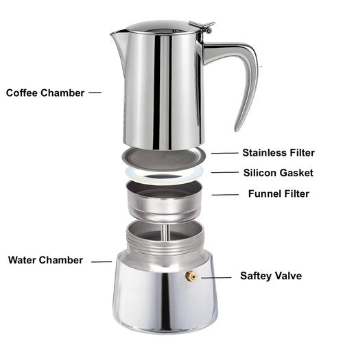 Natier Stainless Steel Stovetop Espresso Maker – Italian Moka Pot, Induction Compatible Espresso Coffee Maker with Safety Valve (10 Cups)