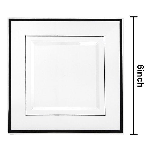 bUCLA 100PCS Black Square Plastic Plates Disposable - 6 inch Clear and Black Dessert/Cake Plates - Premium Hard Square Small Appetizer for Party, Halloween & Graduation
