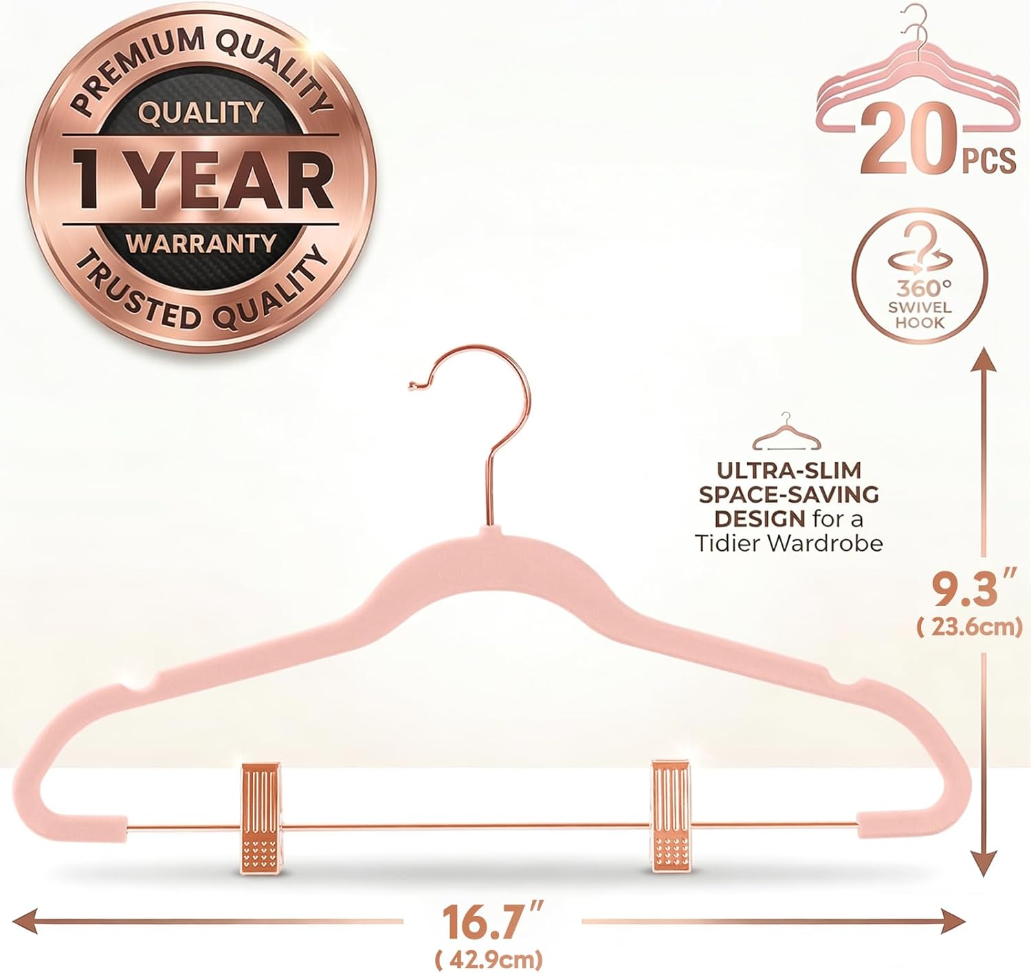 MIZGI Premium Velvet Pants Hangers - Non-Slip Clips for Slim Skirts | Blush Pink with Copper Hooks (Pack of 20)