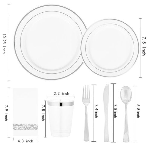 Supernal 400pcs Silver Plastic Dinnerware Set Heavy Duty Disposable Plates Include Silver Plastic Dessert Plates,50 Spoons & Knives & Cups & Napkins & 100 Forks,Prfect For Party and Wedding
