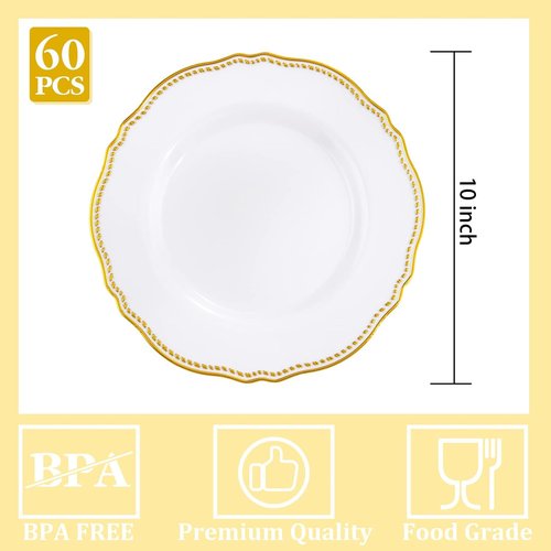 Hioasis 60pcs Gold Plastic Plates - White and Gold Disposable Dinnerware with Gold Rim, Heavy-duty, 10 inch, Dinner Plates for Party & Wedding