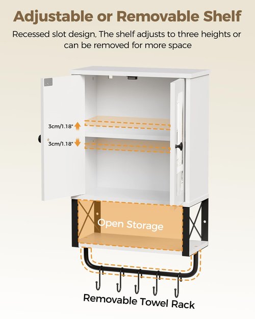 BEWISHOME Medicine Cabinet, Bathroom Wall Cabinet with Mirror, Wall Mounted Over The Toilet Storage Cabinet with Towel Bar and Adjustable Shelf, for Bathroom, 7.1" D x 15.4" W x 24.4" H, White YYG10W