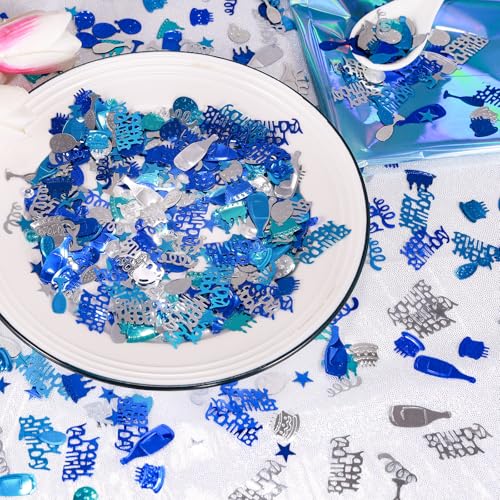 Blue and Silver Happy Birthday Confetti, 3000 Pcs Metallic Foil Table Scatter