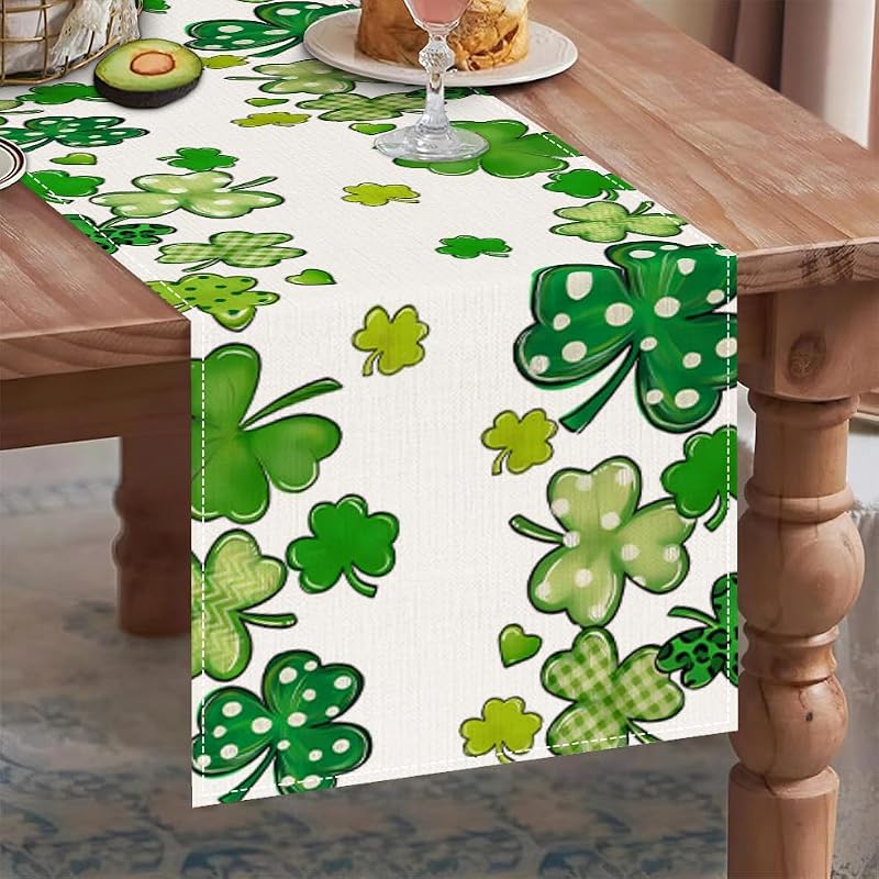 St. Patrick's Day Table Runner - 72x13 Inch Shamrock Linen Decor