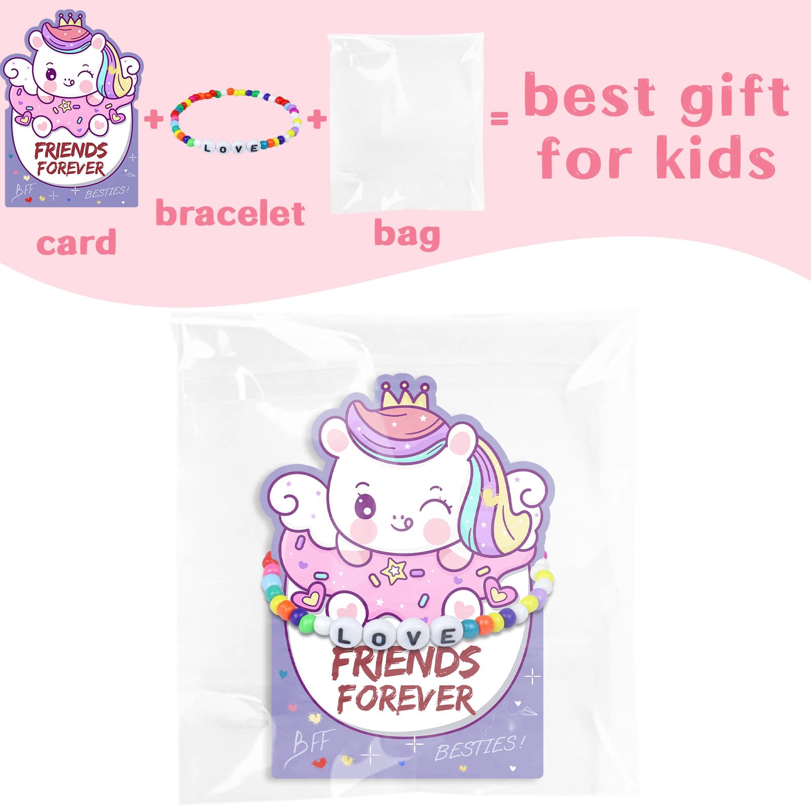 Valentines Day Cards for Kids, 24 Pack Valentines Gift Classroom Cards with Galentines Friendship Bead Bracelets, Valentines Gift Exchange for Boys Girls, Valentines Party Favors Supplies for Kids