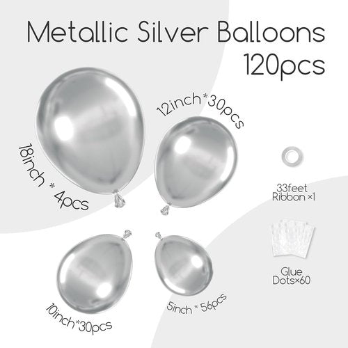 Awenztech Metallic Silver Balloon Arch Kit - 120pcs Chrome Latex Balloons for Weddings, Baby Showers & Parties