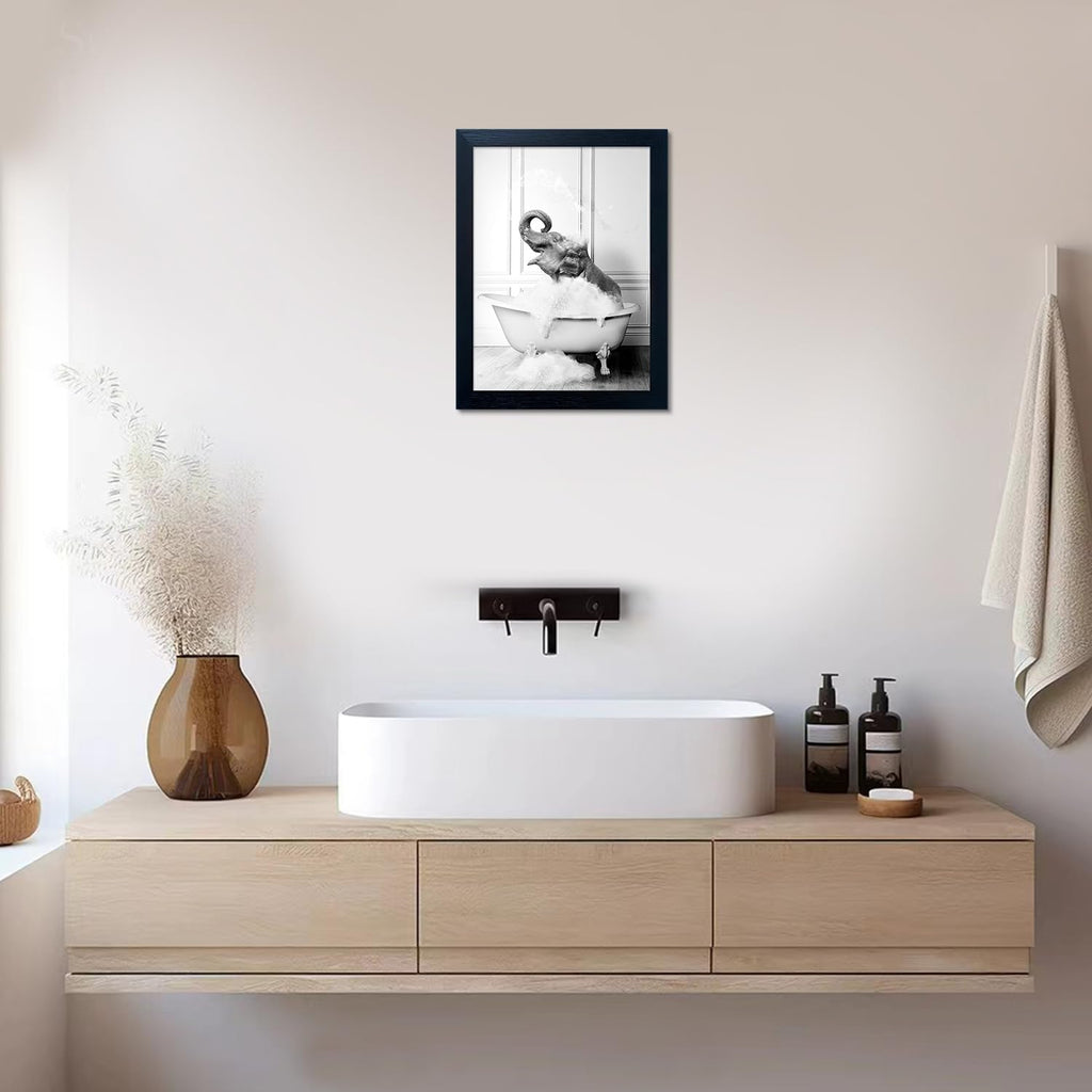 Regine Switzerland Elephant in Bathtub Canvas Print - Funny Black & White Bathroom Wall Art