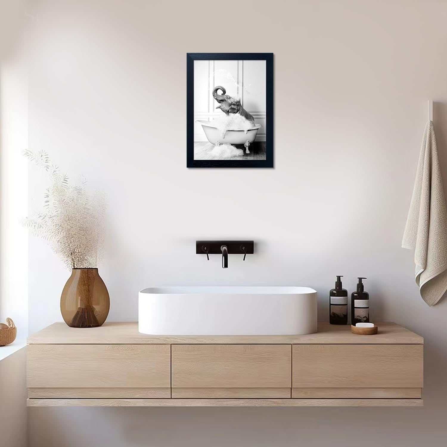 Regine Switzerland Elephant in Bathtub Canvas Print - Funny Black & White Bathroom Wall Art