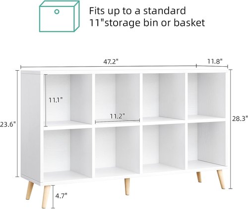 Flrrtenv 8-Cube Bookshelf - Modern 2-Tier Bookcase with Legs | 47" Wood Storage Organizer in White