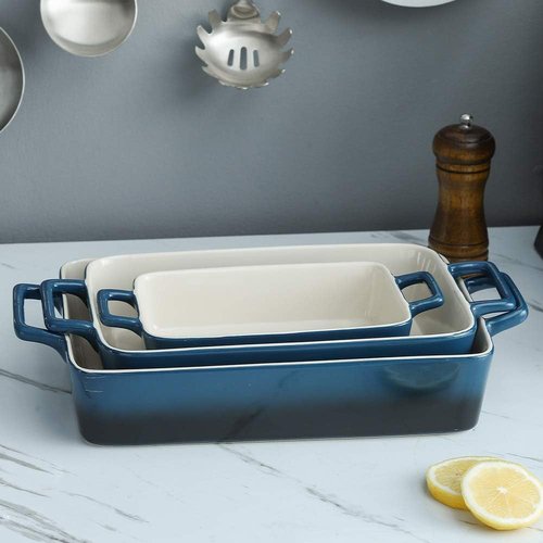 KOOV Bakeware Set - Ceramic Baking Dish Set with Casserole Pans | 3-Piece Gradient Blue, 12 x 8.5 Inches