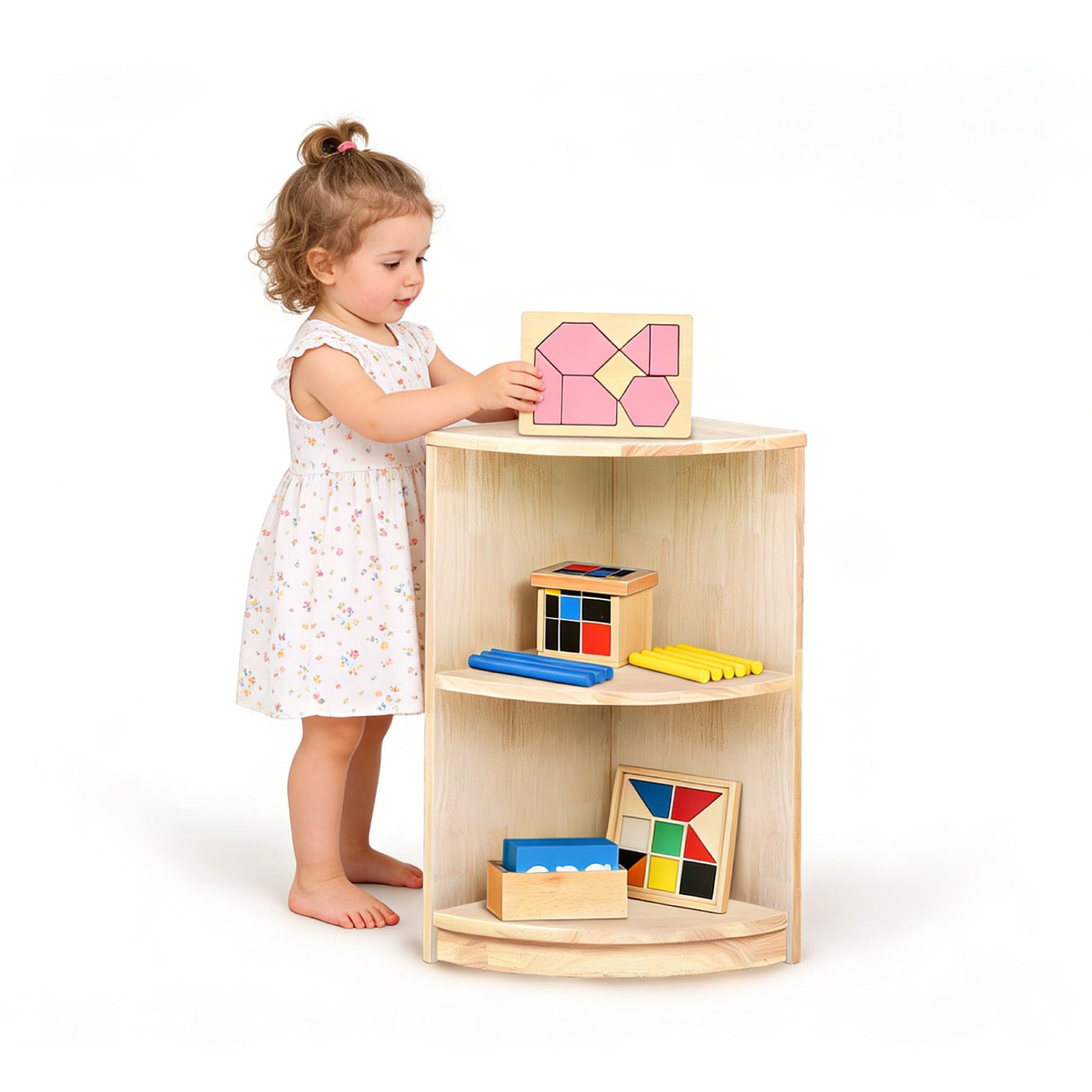KRAND Corner Montessori Shelf 3-Tier Storage Bookcase – Kids Organizer for Toys, Books, Arts & Crafts Supplies, Ideal Toddler Furniture for Nursery, Preschool & Daycare