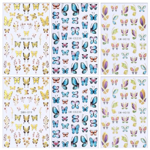 Butterfly Nail Art Stickers 3D Self-Adhesive Gold Blue Decals (6 Sheets)