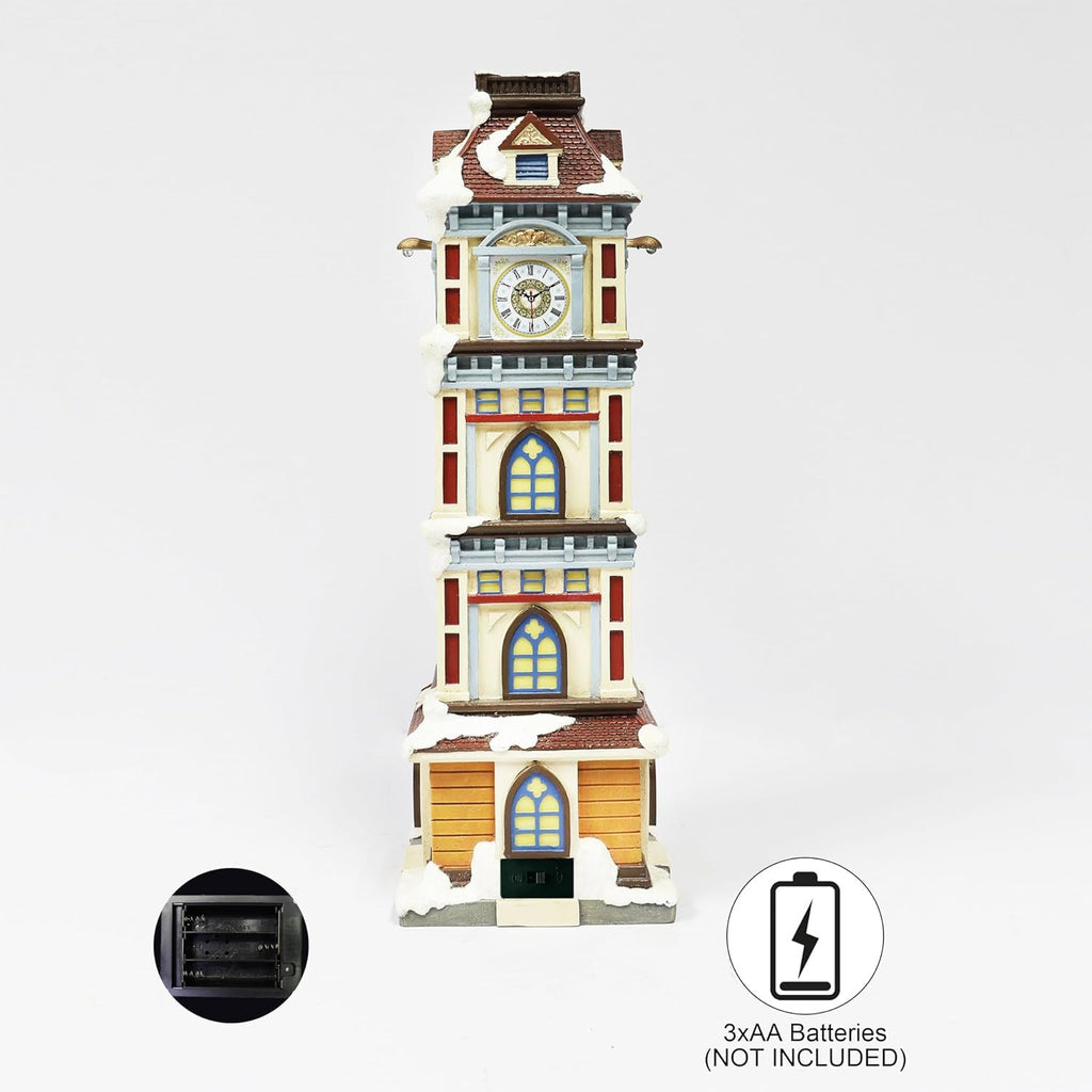 Moments In Time Lighted Christmas Clock Tower - 14.5” Hand-Painted Polyresin Holiday Décor