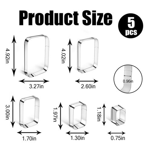 5PCS Rounded Rectangle Cookie Cutter Stainless Steel Rectangle Cookie Mold Biscuit Molds Pastry Molds Fondant Cutter Set (5 Inch 4 Inch 3 Inch 2 Inch 1 Inch)