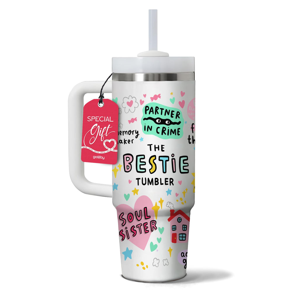 Gossby Bestie Gift for Women - 30oz THE BESTIE TUMBLER - Friend Tumbler for Women - Christmas, Birthday, Friendship Gifts - Funny Best Friend Gift - Stainless Steel Insulated Travel Mug with Handle