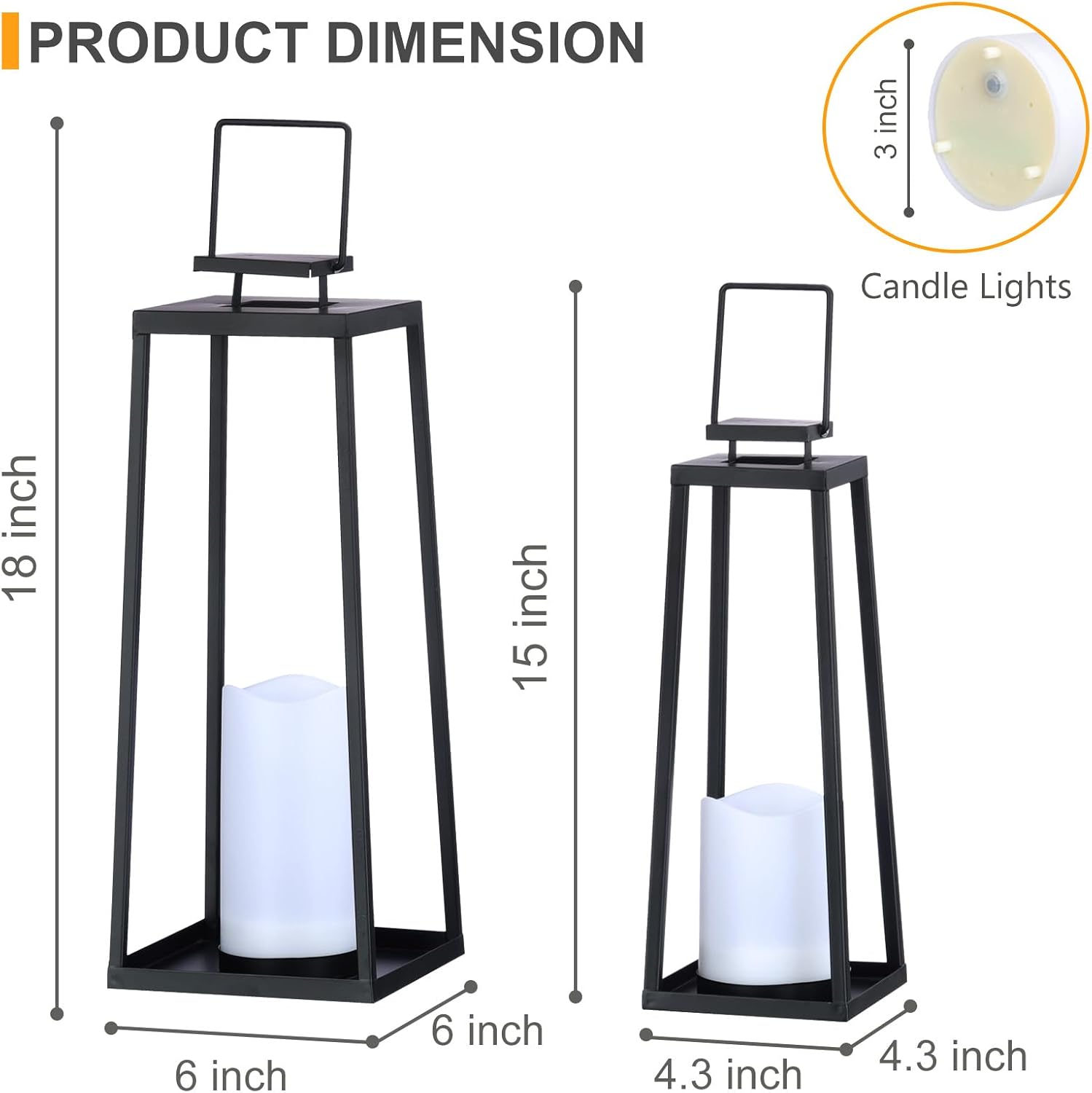 Skiennix Solar Lantern Set of 2 - Modern Black Metal Lanterns with Solar Candles for Outdoor Decor (18’’ & 15’’)
