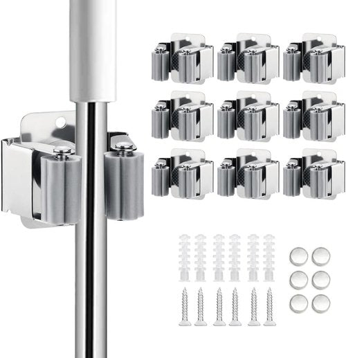 JAMEND Heavy Duty Broom and Mop Holder | 9-Piece Stainless Steel Garden Tool Organizer - Wall Mounted, Silver