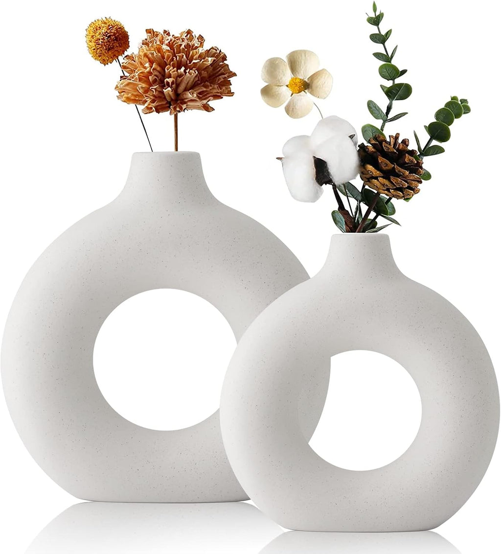 Skiennix White Ceramic Vases - Modern Round Pampas Grass Decor | Set of 2 for Minimalist Home & Office
