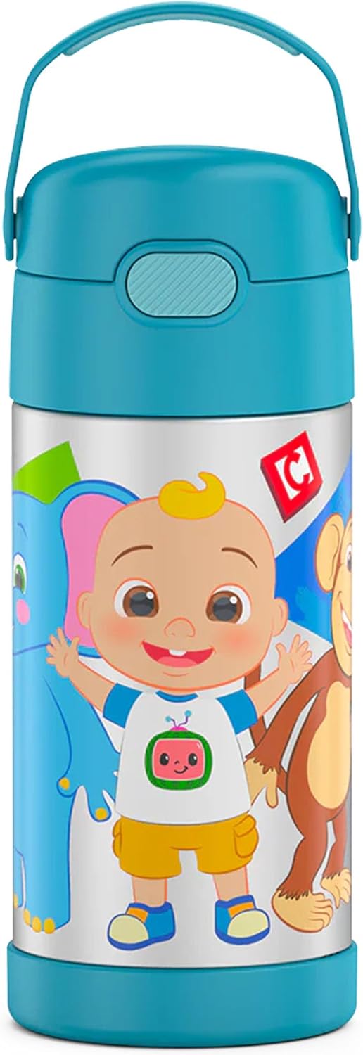 THERMOS FUNTAINER Water Bottle - 12 Ounce Kids Stainless Steel Vacuum Insulated with Straw - Cocomelon Design