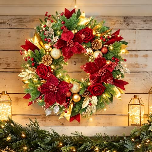 Red 24 Inch Christmas Wreath with Lights for Front Door